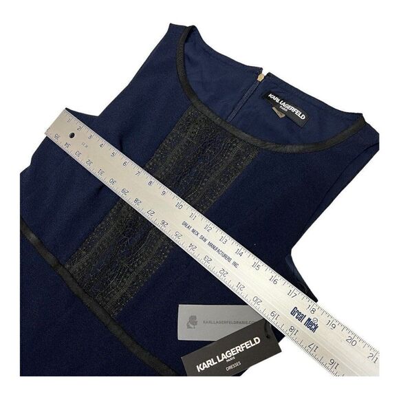 Karl Lagerfeld Dress Women’s 10 Navy Blue Lace Sleeveless Ruffle Sheath Office - Picture 7 of 13